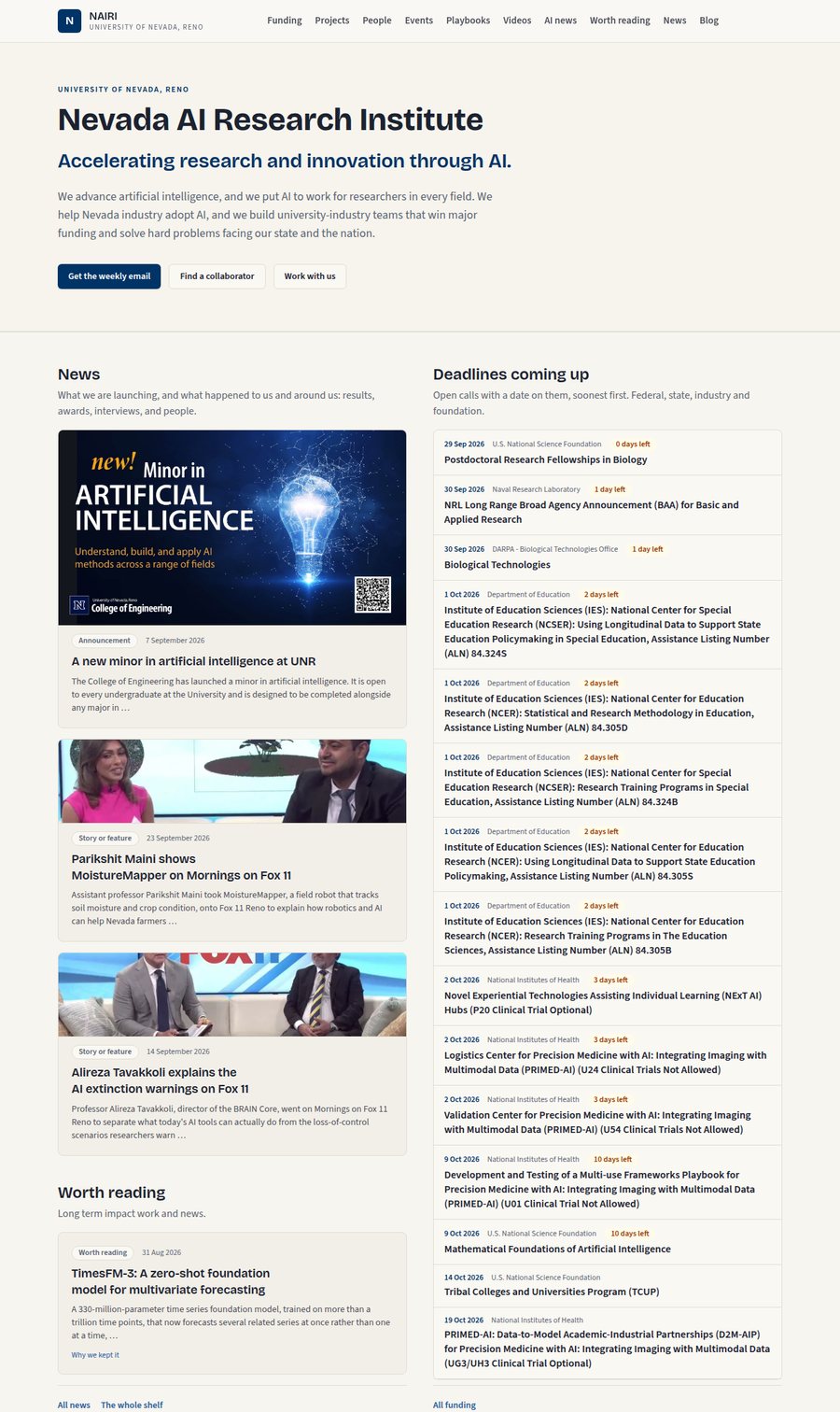 The NAIRI home page as published on 29 September 2026: the hero, then News on the left, led by the Minor in AI flyer, and the funding deadlines on the right