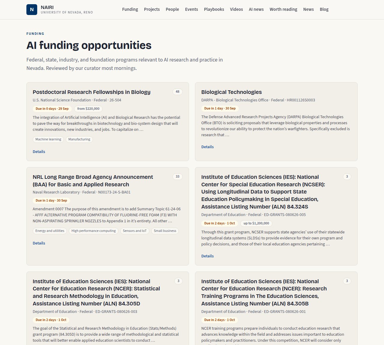 The funding list: open calls with sponsor, deadline, amount and AI relevance score