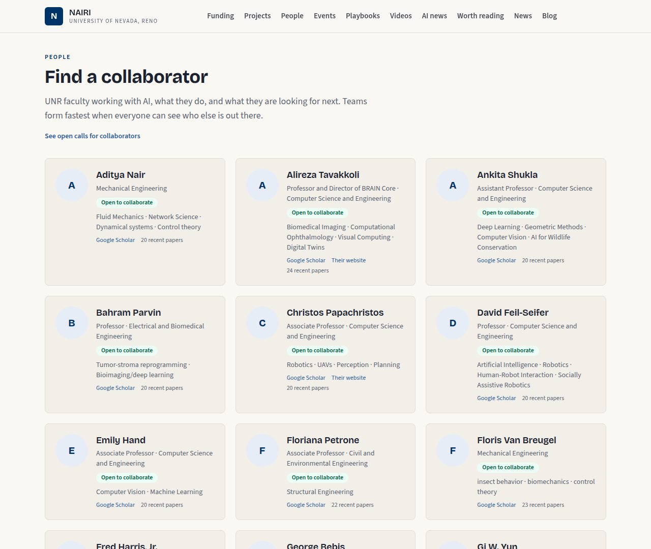 The People page: faculty cards with their department, AI methods, Scholar links and recent paper counts