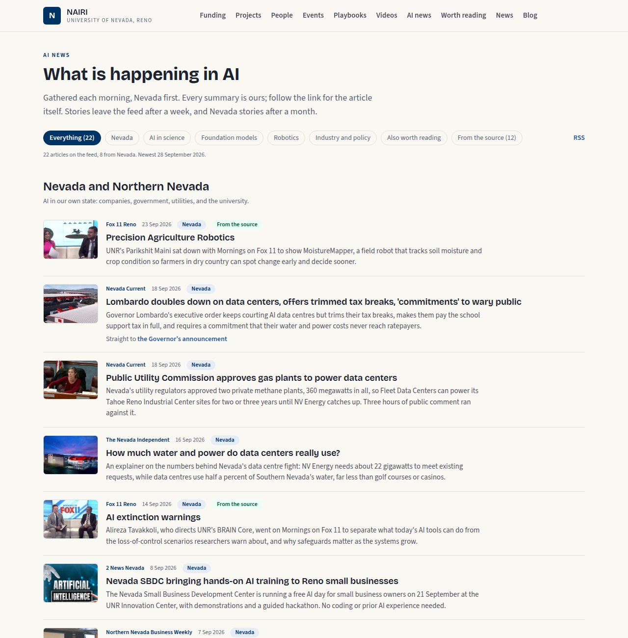 The AI news feed: Nevada stories first, each with a picture, a source and a link to the primary source