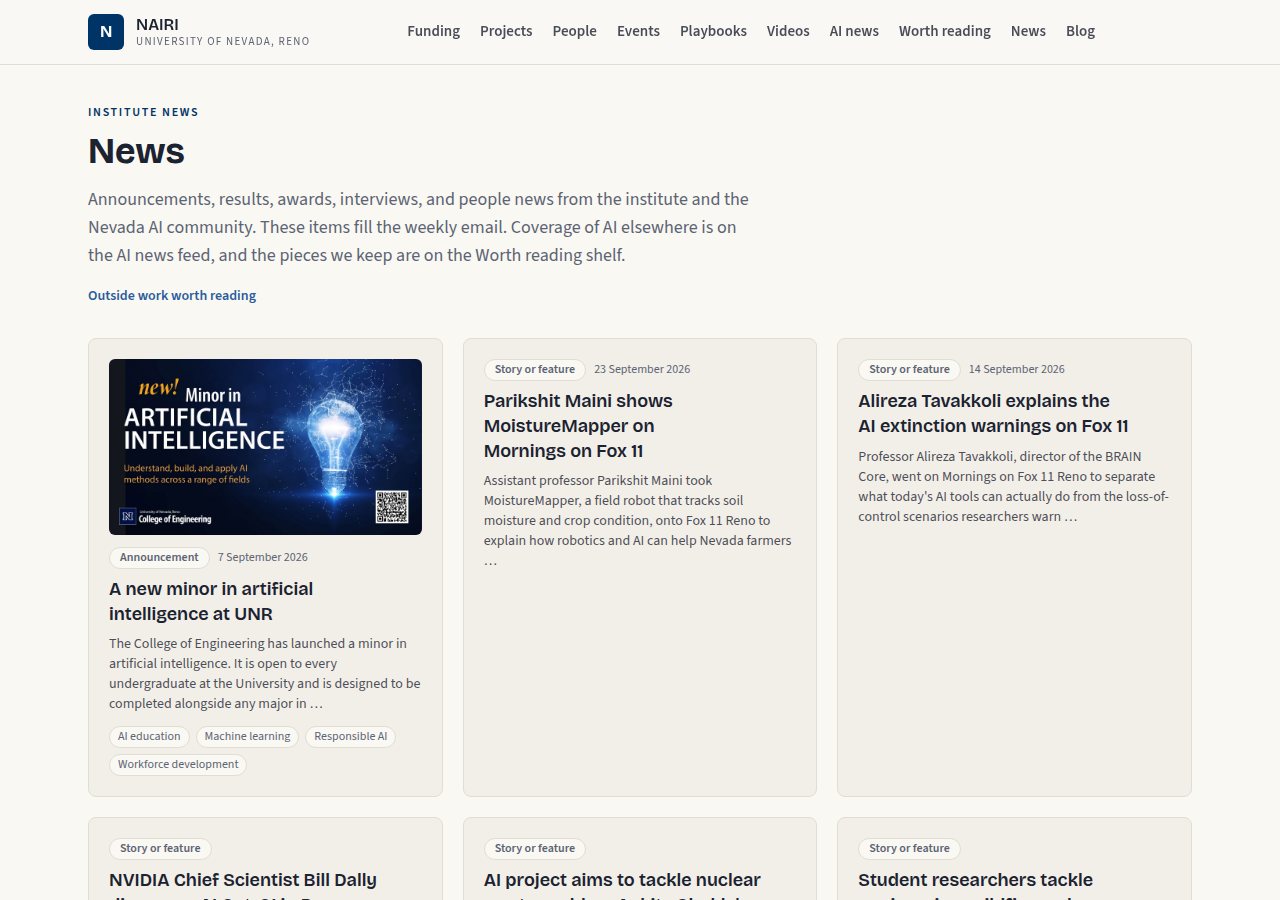 The News page, led by the Minor in AI flyer