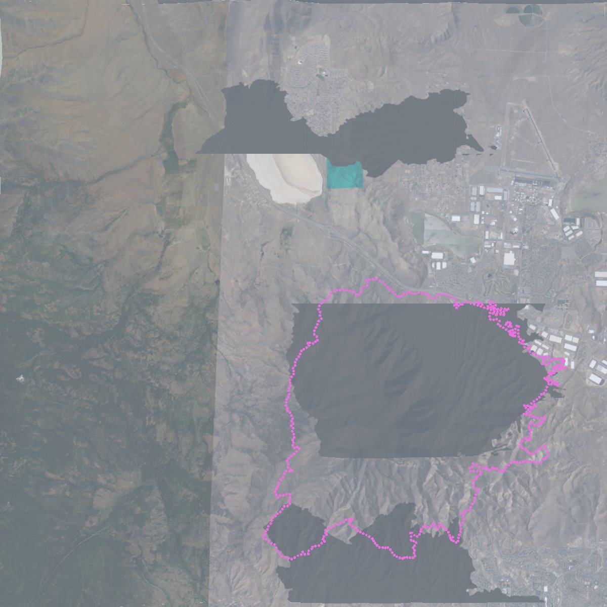 Top-down view of the Peavine area with the real Hawk perimeter drawn as magenta markers over the painted burn scar