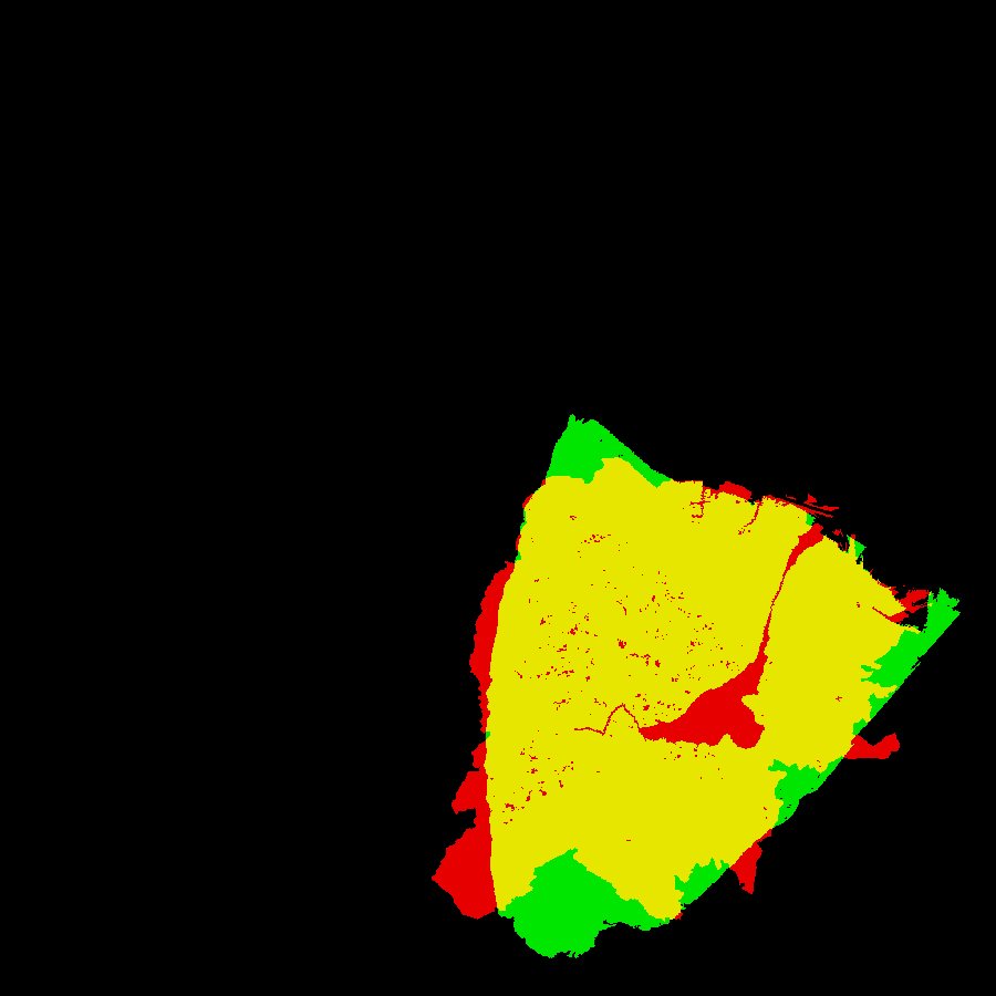 Map comparing the simulated and real Hawk burn: yellow where both burned, red where only the real fire burned, green where only the simulation burned