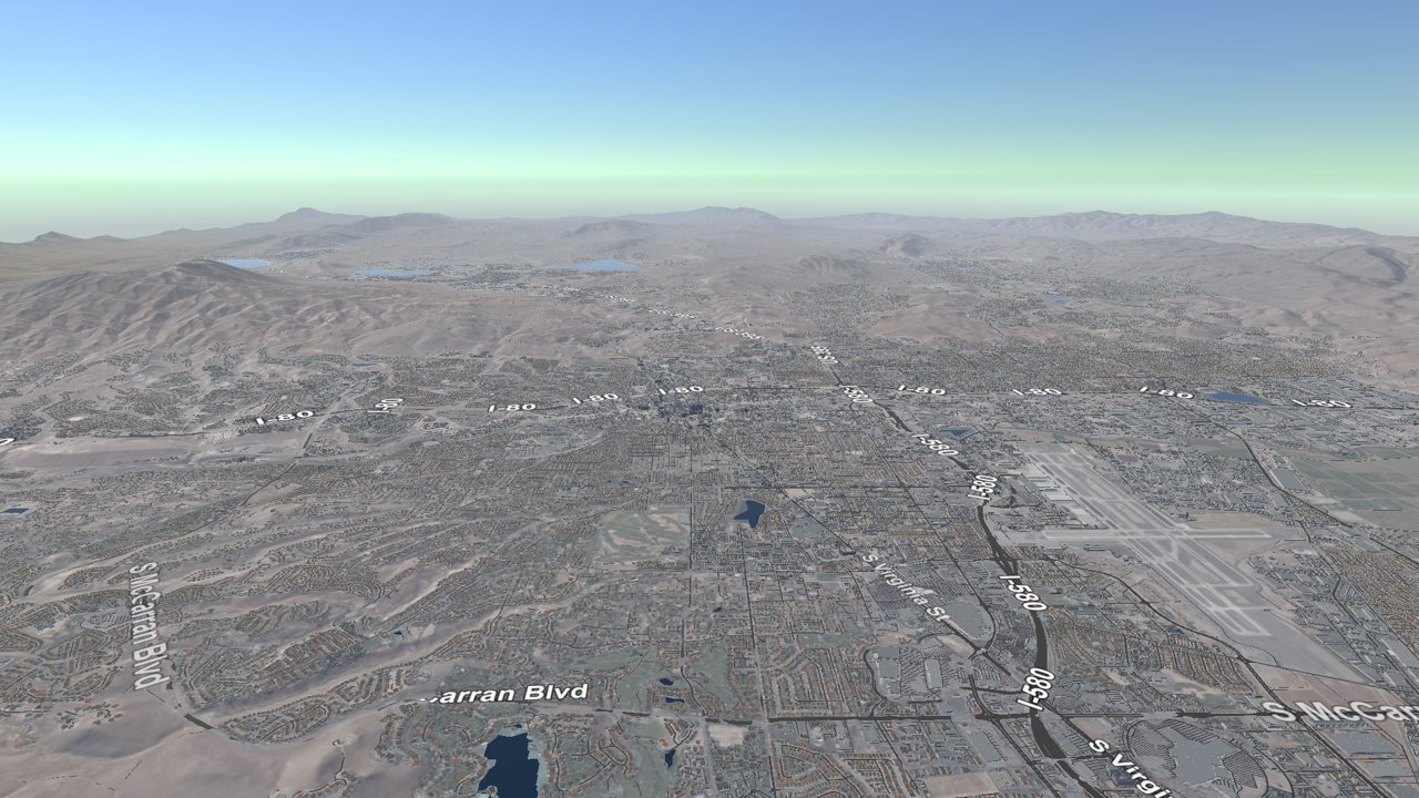 Interstate and street name labels lying flat along the roads