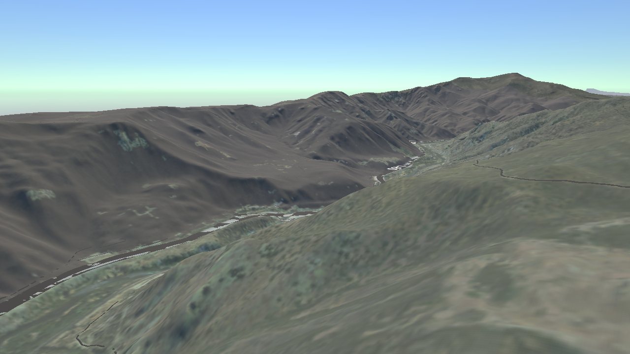 The Floriston canyon before ignition, with slopes drawn in flat brown as if already burned