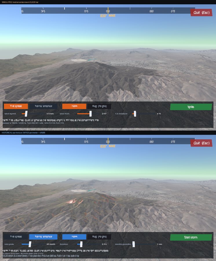 Top: the simulated Hawk Fire held at its containment line. Bottom: the historical burn scar from the fire's mapped perimeter and satellite burn severity, from the same viewpoint.